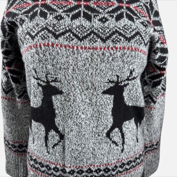 Kaisely Black Gray Red Fair Isle Reindeer Wool Blend Christmas Turtleneck (SZ L) - Picture 2 of 11